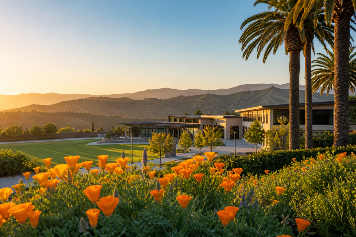 California campus at golden hour with poppies and palms